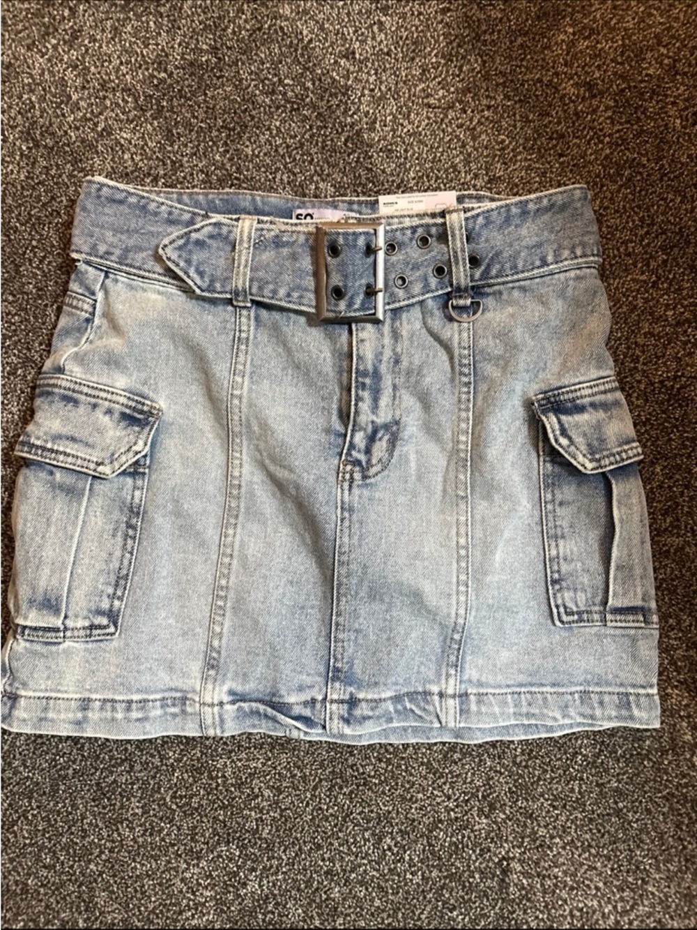SO Light Wash Denim Cargo Mini Skirt in Blue